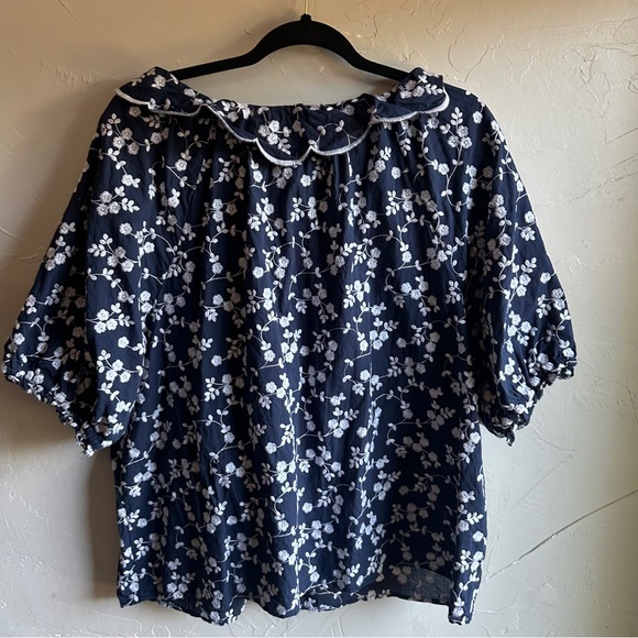 Ann Taylor Navy & White Embroidered Short Puff Sleeve Top Cottagecore Sz XXL - Picture 4 of 12